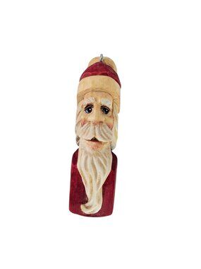 Hand Carved Wooden Santa Claus Face Ornament Red Hat Long Beard Signed By Artist